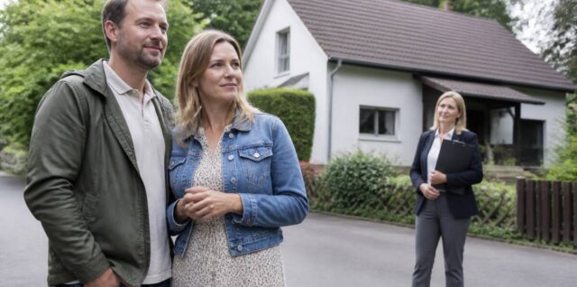 Stel bekijkt een vrijstaande woning in een Duits grensdorp