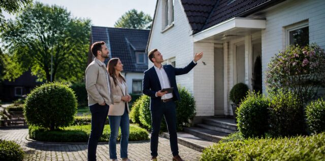 Kopers bekijken een woning in een rustige Duitse woonwijk