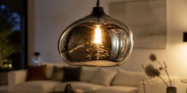 Glazen hanglamp met warm licht in een moderne woonkamer