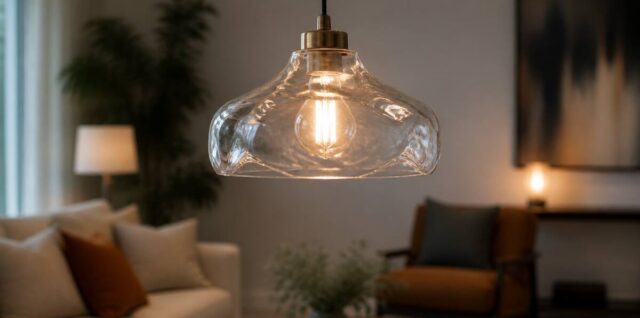 Glazen hanglamp in een woonkamer met warm licht en realistische glasreflecties