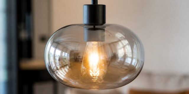 Glazen hanglamp met helder glas in een woonkamer, close-up voor een realistische productfoto