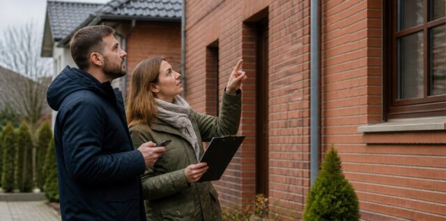 Kijkend paar dat een huis inspecteert in Duitsland