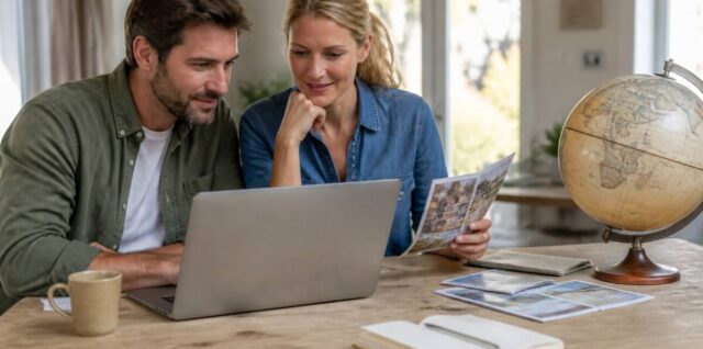 Vakanties vergelijken met een laptop en reisinformatie aan tafel