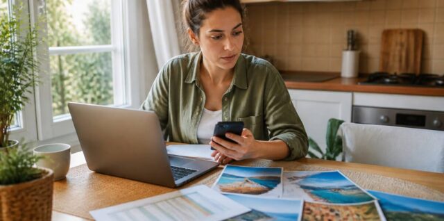 Vakanties vergelijken aan een keukentafel met laptop en reisoverzicht