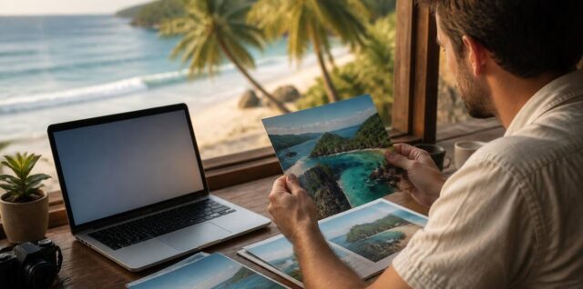 Een reiziger vergelijkt vakanties op laptop aan een bureau bij het strand
